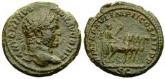 Caracalla As, emperor in quadriga reverse, rare Caracalla (198-217 AD). AE As (26 mm, 11.84 g), Roma (Rome) 213 AD. Obv. ANTONINVS PIVS AVG BRIT, Laureate head right. Rev. P M TRP XVI IMP II COS IIII 