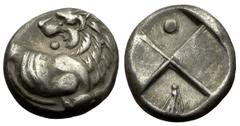 Chersonesos Hemidrachm Chersonesos , Thrace. AR Hemidrachm (12 mm, 2.43 g), c. 350-330 BC. Obv. Forepart of lion right, looking back, right foreleg raised. Rev. Quadripartite incuse, corn-ear and pell