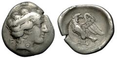 Olympia Hemidrachm, Hera / eagle, ex BCD Olympia , Hera mint. AR Hemidrachm (16-18 mm, 2.80 g), 368 BC (the 103rd Olympiad). Obv. Head of Hera right, wearing stephane bearing the letters H P A; in fie