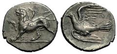 Sicyon Triobol, chimaera / dove, ex BCD Sicyon , Sicyonia. AR Triobol (15-16 mm, 2.79 g), c. 330/320s-280s BC. Obv. Chimaera walking left on ground line with right paw raised, ΣE below. Rev. Dove flyi