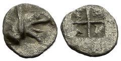 Teos AR Tetartemorion, griffin head right Teos , Ionia. AR Tetartemorion (6 mm, 0.21 g), c. 500-480 BC. Obv. Head of griffin right. Rev. Quadripartite incuse. Klein KM, p. 61, 480; SNG Tübingen 3251. 