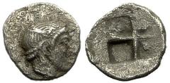 Uncertain Ionian mint Tetartemorion, ex coll. Klein Uncertain Ionian mint . AR Tetartemorion (5-6 mm, 0.15 g), c. 470-450 BC. Obv. Youthful head right. Rev. Quadripartite incuse square. Klein KM, p. 5