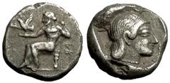 Kleitor Hemidrachm, Zeus / head of Kallisto, very rare and ex BCD Kleitor , Peloponnesos. AR Hemidrachm (13 mm, 2.94 g), c. 470s-early 460s BC. Obv. Zeus Lykaios seated left on low throne, holding lon