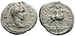 Caracalla Denarius, emperor on horseback reverse, scarce Caracalla (198-217 AD). AR Denarius (18-20 mm, 3.01 g), Roma (Rome) 208 AD. Obv. ANTONINVS PIVS AVG, Laureate head right. Rev. PONTIF TR P XI C