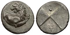 Chersonesos AR Hemidrachm Chersonesos , Thrace. AR Hemidrachm (14 mm, 2.24 g), c. 350-330 BC. Obv. Forepart of lion right, looking back, right foreleg raised. Rev. Quadripartite incuse, kerykeion and 