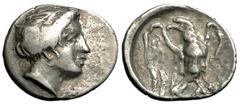 Olympia Hemidrachm, head of Olympia / eagle, unpublished, ex Rhousopoulos and BCD Olympia , Hera mint. AR Hemidrachm (15-17 mm, 2.79 g), c. 320s BC. Obv: Head of Olympia right, her hair in a roll. Rev