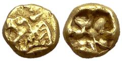 Uncertain Ionian mint, EL Hemihekte, extremely rare Uncertain Ionian mint . EL 1/12 Stater (Hemihekte, 8 mm, 1.13 g), c. 600-550 BC. Obv. Head of roaring lion left. Rev. Incuse square with stellar pat