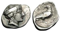 Olympia Hemidrachm, Hera / eagle, ex BCD, apparently unpublished Olympia , Hera mint. AR Hemidrachm (14-18 mm, 2.60 g), c. 376-372 BC (101st and 102nd Olympiads). Obv. Head of Hera right, wearing step