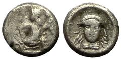 Uncertain Cilician mint AR Tetartemorion, the Great king / facing female head, very rare Uncertain Cilician mint . AR Tetartemorion (5 mm, 0.24 g), c. 4th Century BC. Obv. The Persian Great King in Kn