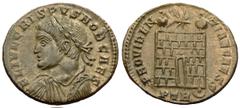 Crispus AE3, campgate reverse, Trier Crispus (317-326 AD). AE3 (17-19 mm, 3.16 g), Treveri (Trier), c. 326 AD. Obv. FL IVL CRISPVS NOB CAES, laureate, draped and cuirassed bust left, fur over left sho