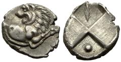 Chersonesos Hemidrachm Chersonesos , Thrace. AR Hemidrachm (12-13 mm, 2.37 g), c. 350-330 BC. Obv. Forepart of lion right, looking back, right foreleg raised. Rev. Quadripartite incuse, palm branch an