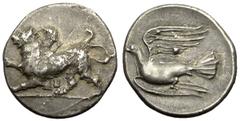 Sicyon AR Triobol, chimaera / dove Sicyon , Sicyonia. AR Triobol (16-17 mm, 2.80 g), c. 330/320s-280s BC. Obv. Chimaera walking left on ground line with right paw raised, ΣE below. Rev. Dove flying le