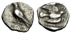 Sicyon Hemiobol, dove standing left / dove flying right, ex BCD and very rare Sicyon , Sicyonia. AR Hemiobol (7 mm, 0.31 g), c. 3rd quarter of 5th Century BC. Obv. Dove standing left with closed wings