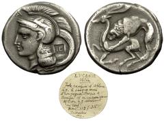 Velia AR Didrachm, c. 290-280/275 BC Velia , Lucania. AR Didrachm (22 mm, 7.14 g), c. 290-280/275 BC. Obv. Head of Athena left, wearing crested attic helmet adorned with Pegasos; A above, behind, IE w