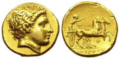 Philip II AV Stater, Pella mint Kings of Macedon. Philip II (359-336 BC). AV Stater (18 mm, 8.57 g), Pella mint. Obv. Laureate head of Apollo right. Rev. Charioteer driving galopping biga right, holdi