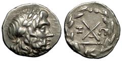 Argos Hemidrachm, ex BCD Argos , Peloponnesos. AR Hemidrachm (14-15 mm, 2.48 g), c. 175-168 BC. Obv. Laureate head of Zeus right. Rev. AX, to left and right, I - Ω, below, harpa to left; all within la