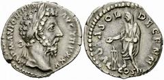 Marcus Aurelius AR Denarius, Vota reverse Marcus Aurelius (161-180 AD). AR Denarius (17-18 mm, 3.26 g), Roma (Rome), 170-171 AD. Obv. IMP M ANTONINVS AVG TR P XXV, laureate head right. Rev. VOTSA SOL 