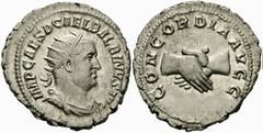 Balbinus AR Antoninianus, clasped hands reverse Balbinus (238 AD). AR Antoninianus (22-23 mm, 4.30 g), Roma (Rome), April-June 238 AD. Obv. IMP CAES D CAEL BALBINVS AVG, radiate, draped and cuirassed 