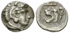 Archealos I. AR Hemiobol, very rare Kings of Macedon . Archelaos I. (413-399 BC). AR Hemiobol (7 mm, 0.26 g). Obv. Head of Herakles right, wearing lion's skin headdress. Rev. Lion's head left, club ab