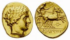 Philip II AV Stater, Amphipolis mint Kings of Macedon. Philip II (359-336 BC). AV Stater (8.58 g), Amphipolis mint., c. 340/336-328 BC. Obv. Laureate head of Apollo right. Rev. Charioteer driving biga