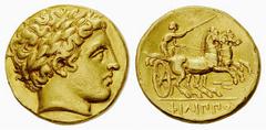 Philip II AV Stater, Amphipolis mint Kings of Macedon. Philip II (359-336 BC). AV Stater (18 mm, 8.55 g), Amphipolis mint., c. 340/336-328 BC. Obv. Laureate head of Apollo right. Rev. Charioteer drivi