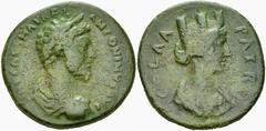 Marcus Aurelius 2 Assaria, Patrae Marcus Aurelius (161-180 AD). AE 2 Assaria (25 mm, 12.39 g), Patrae, Peloponnesos. Obv. IMP CAES M AVREL ANTONINVS AVG, laureate, draped and cuirassed bust right, see