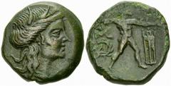 Messene Hemiobol, c. 180-150 BC, ex BCD Messene , Peloponnesos. AE Hemiobol or Hexachalkon (20 mm, 7.14 g), c. 180-150 BC. Obv. Diademed head of Demeter right. Rev. Zeus Ithomatas standing right, hurl