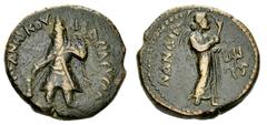 Kanishka I. AE Didrachm, c. 127-152 AD Kushan Kings . Kanishka I. (c. 127-152 AD). AE Didrachm (23 mm, 8.48 g). Obv. Kanishka standing left, sacrificing over altar to left and holding trident. Rev. Na