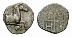 Trieros AR Hemiobol, c. 450-400 BC Trieros , Thrace. AR Hemiobol (9 mm, 0.43 g), c. 450-400 BC. Obv. Forepart of horse right. Rev. TPIHP (partially retrograde) within quadripartite incuse. SNG Cop. 82