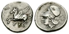 Corinth AR Stater, c. 300 BC Corinth , Corinthia. AR Stater (21-23 mm, 8.47 g), c. 300 BC. Obv. Pegasos flying left, Ϙ below. Rev. Head of Athena left, wearing laureate corinthian helmet; behind, Delt