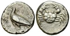 Akragas AR Didrachm, c. 520-500 BC Sicily, Akragas . AR Didrachm (20-21 mm, 8.87 g), c. 520-500 BC. Obv. AKPAΓANTOΣ, Eagle standing left. Rev. Crab. SNG ANS 909; SNG München 36. Very fine.