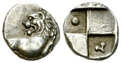 Chersonesos AR Hemidrachm, c. 350-330 BC Thrace, Chersonesos. AR Hemidrachm (12-13 mm, 2.51 g), c. 350-330 BC. Obv. Forepart of lion right, looking back, right foreleg raised. Rev. Quadripartite incus