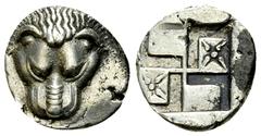 Pantikapaion AR Diobol, c. 450-438/7 BC Cimmerian Bosporos, Pantikapaion. AR Diobol (12-13 mm, 1.76 g), c. 450-438/7 BC. Obv. Facing lion’s head: Rev. Quadripartite incuse square of swastika pattern, 