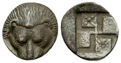 Pantikapaion AR Diobol, c. 450-438/7 BC Cimmerian Bosporos, Pantikapaion. AR Diobol (12-13 mm, 1.76 g), c. 450-438/7 BC. Obv. Facing lion’s head: Rev. Quadripartite incuse square of swastika pattern, 