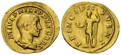 Philip II Aureus, RIC 218a, very rare Philippus I. Arabs (244-249 AD) for Philippus II . Caesar . AV Aureus (20-22 mm, 4.66 g), Rome mint, 244-247 AD. Obv. M IVL PHILIPPVS CAES, Draped bust right. Rev