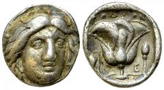 Rhodos AR Didrachm, c. 316-304 BC Rhodos, Islands off Caria. AE Didrachm (18-19 mm, 6.69 g), c. 316-304 BC. Obv. Head of Helios facing slightly right. Rev. Rose with bud and E right; above, ΡOΔION; to