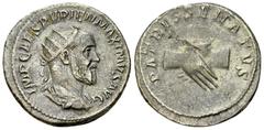 Pupienus AR Antoninianus, clasped hands reverse Pupienus (238 AD). AR Antoninianus (22 mm, 5.12 g), Rome. Obv. IMP CAES PVPIEN MAXIMVS AVG, radiate, draped and cuirassed bust right. Rev. PATRES SENATV