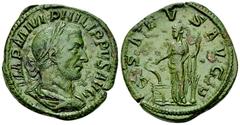 Philippus I Arabs AE Sestertius, Salus reverse Philip I. Arabs (244-249 AD). AE Sestertius (30 mm, 20.31 g), Rome. Obv. IMP M IVL PHILIPPVS AVG, Laureate, draped and cuirassed bust right. Rev. SALVS A