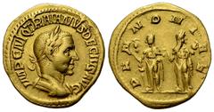 Traianus Decius Aureus, Pannoniae reverse Traianus Decius (249-251 AD). Aureus (19-20 mm, 4.48 g), Rome. Obv. IMP C M Q TRAIANVS DECIVS AVG, Laureate and cuirassed bust right. Rev. PANNONIAE, The two 