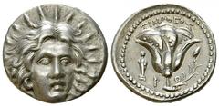 Rhodos AR Didrachm, Timotheos magistrate Rhodos, Islands off Caria. AR Didrachm (19-20 mm, 6.32 g), c. 280-250 BC. Obv. Radiate head of Helios facing, turned very slightly to right. Rev. ΤΙΜΟΘΕΟΣ, Ros