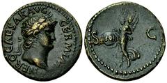 Nero AE As, Victory reverse Nero (54-68 AD). AE As (27-28 mm, 10.34 g), Rome, c. 65. Obv. NERO CAESAR AVG GERM IMP, Laureate head of Nero right. Rev. S - C, Victory, draped, flying left, holding shiel