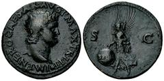 Nero AE As, Lugdunum mint Nero (54-68 AD). AE As (28 mm, 10.10 g), Lugdunum, AD 67. Obv. IMP NERO CAESAR AVG P MAX TR P P P, Bare head of Nero right, globe at point. Rev. S - C, Victory flying left ho
