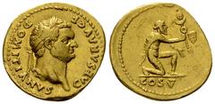 Domitianus Aureus, Parthian captive reverse Vespasianus (69-79 AD) for Domitianus Caesar. Aureus (19-20 mm, 7.33 g), Rome, 77/78 AD. Obv. CAESAR AVG F DOMITIANVS, Laureate head right. Rev. Parthian ca