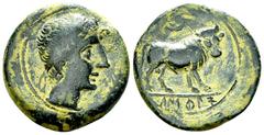 Castulo AE Semis, mid 2nd century BC Spain, Castulo. AE Half Unit (Semis) (22 mm, 7.53 g), mid 2nd century BC. Obv. Diademed male head to right; palm-branch before. Rev. Bull advancing right, head fac