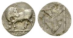 Sybaris AR Obol, c. 550-510 BC Lucania, Sybaris. AR Obol (9 mm, 0.43 g), c. 550-510 BC. Obv. Bull standing left, head right; VM (=ΣY, retrograde) in exergue. Rev. Large MV (=ΣY); pellets at corners. H