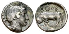 Thurium AR Diobol, c. 443-400 BC, rare Lucania, Thurium. AR Diobol (11 mm, 1.17 g), c. 443-400. Obv. Head of Athena right, wearing crested helmet decorated with wreath. Rev. ΘOYPI, Bull advancing left