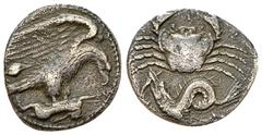 Akragas AR Hemidrachm, c. 425-406 BC Sicily, Akragas. AR Hemidrachm (15-16 mm, 1.84 g), c. 425-406 BC. Obv. Eagle right, clutching dead hare in its talons; barley grain behind. Rev. Crab; ketos left b