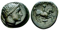 Philip II of Macedon AE18 Kings of Macedon. Philip II (359-336 BC). AE 18 (7.03 g). Obv. Head of Apollo right, wearing tainia. Rev. ΦΙΛΙΠΠΟΥ, Youth on horseback right, torch below. SNG ANS -; SNG Cop.