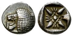 Miletos AR Obol, c. 525-475 BC Miletos, Ionia. AR Obol (10 mm, 1.31 g), c. 525-475 BC. Obv. Forepart of lion left. Rev. Stellate pattern in incuse square. Klein KM 424; SNG Kayhan 476-481. Sound metal
