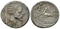 L. Hostilius Saserna AR Denarius, 48 BC L. Hostilius Saserna. AR Denarius (19 mm, 3.76 g), Rome, 48 BC. Obv. Bearded male head to right, his hair straggling out behind him; cloak around neck and Galli